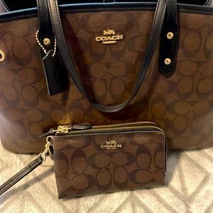 Original Small Brown and black Coach Tote with matching wristlet.